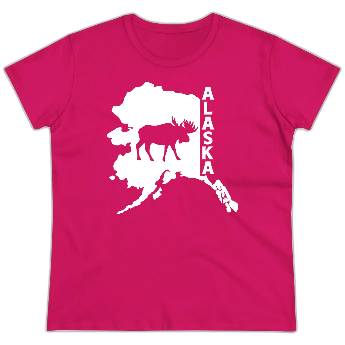 Bold Alaska State Silhouette With Moose Graphic Ladies Tee in Heliconia