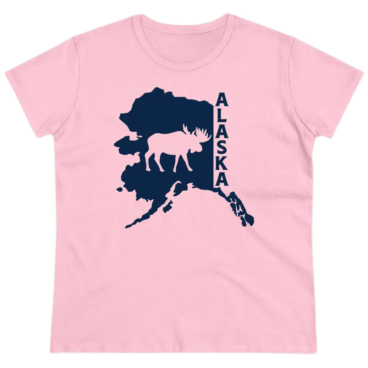 Bold Alaska State Silhouette With Moose Graphic Ladies Tee in Light Pink