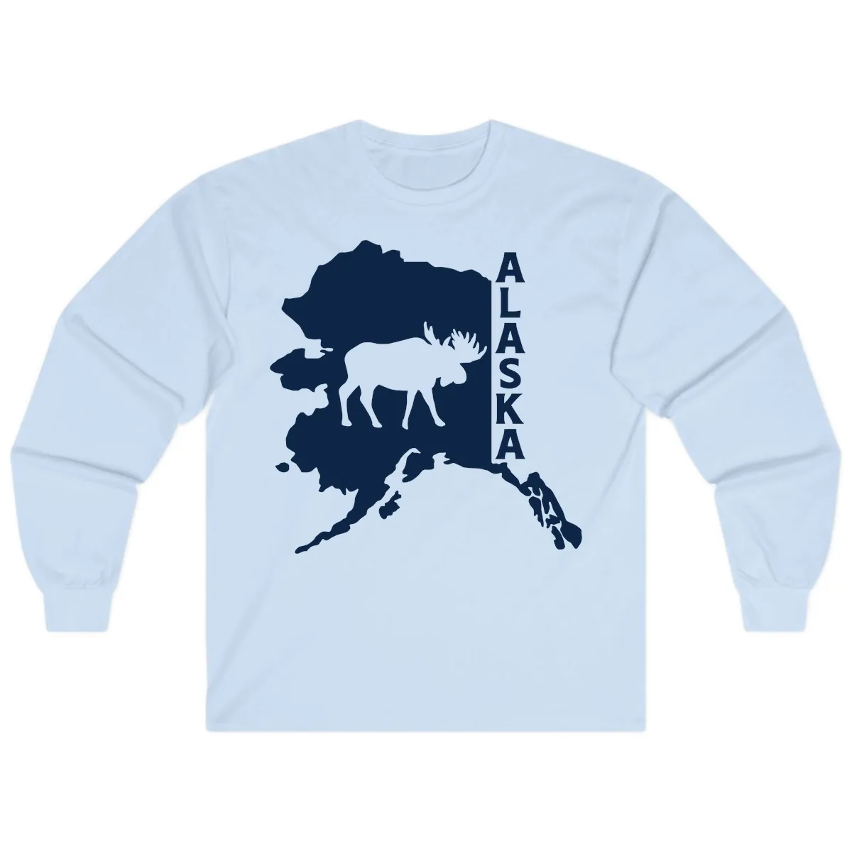Bold Alaska State Silhouette With Moose Graphic Long Sleeve in Light Blue