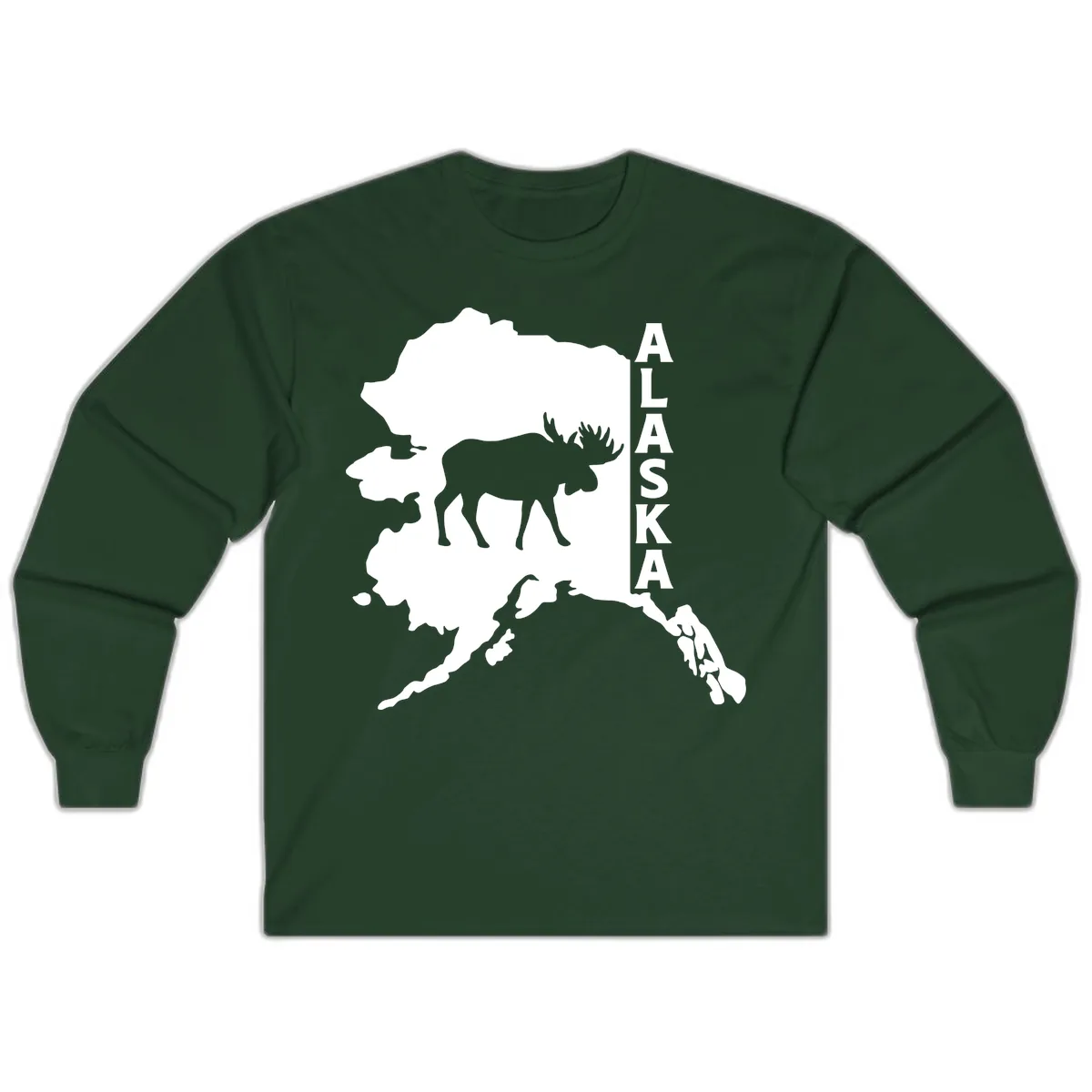 Bold Alaska State Silhouette With Moose Graphic Long Sleeve in Forest Green