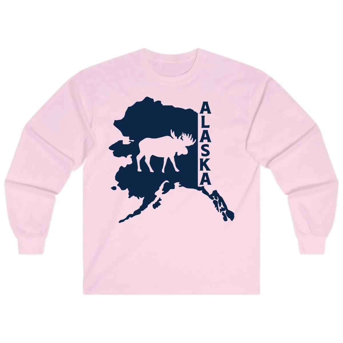 Bold Alaska State Silhouette With Moose Graphic Long Sleeve in Light Pink