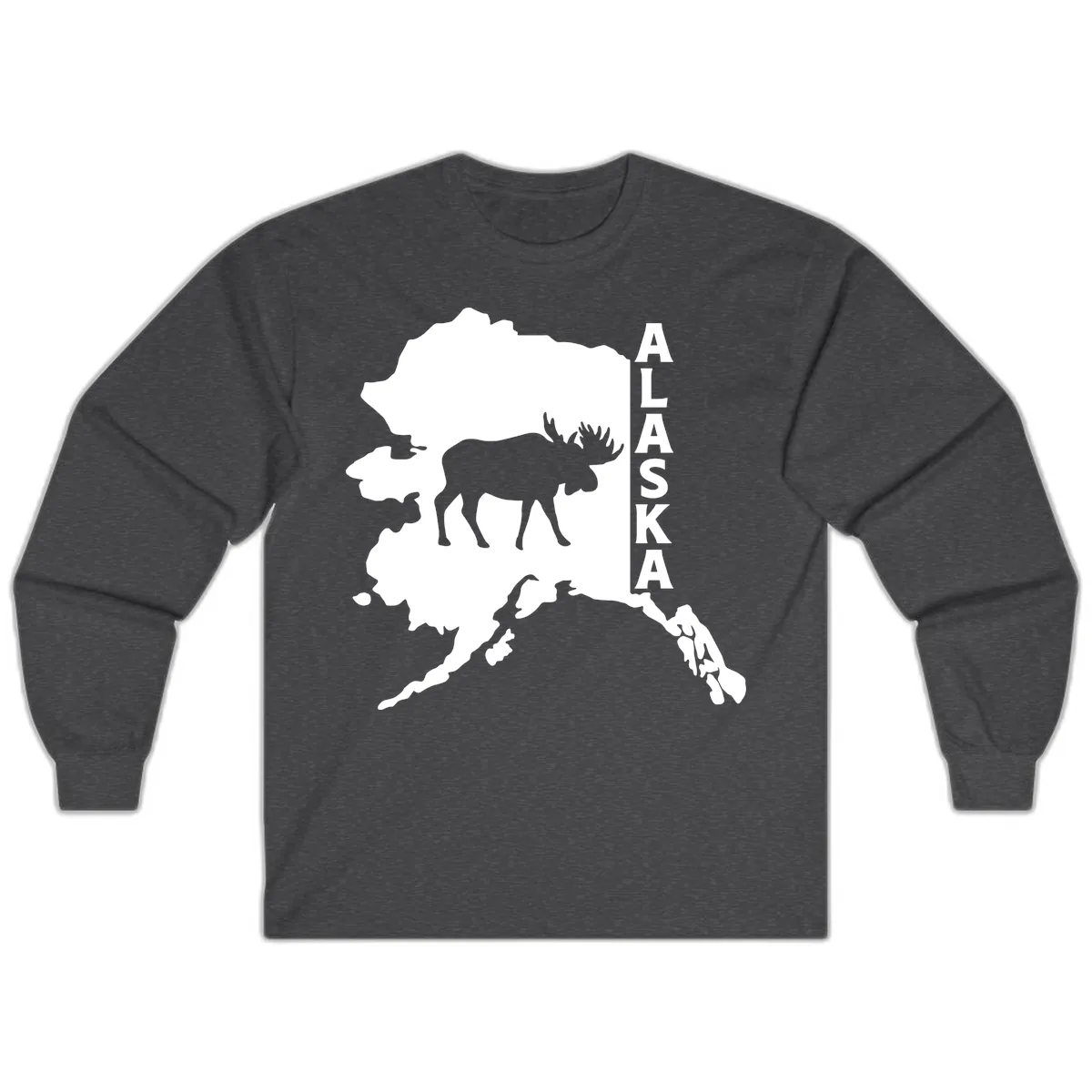 Bold Alaska State Silhouette With Moose Graphic Long Sleeve in Dark Heather