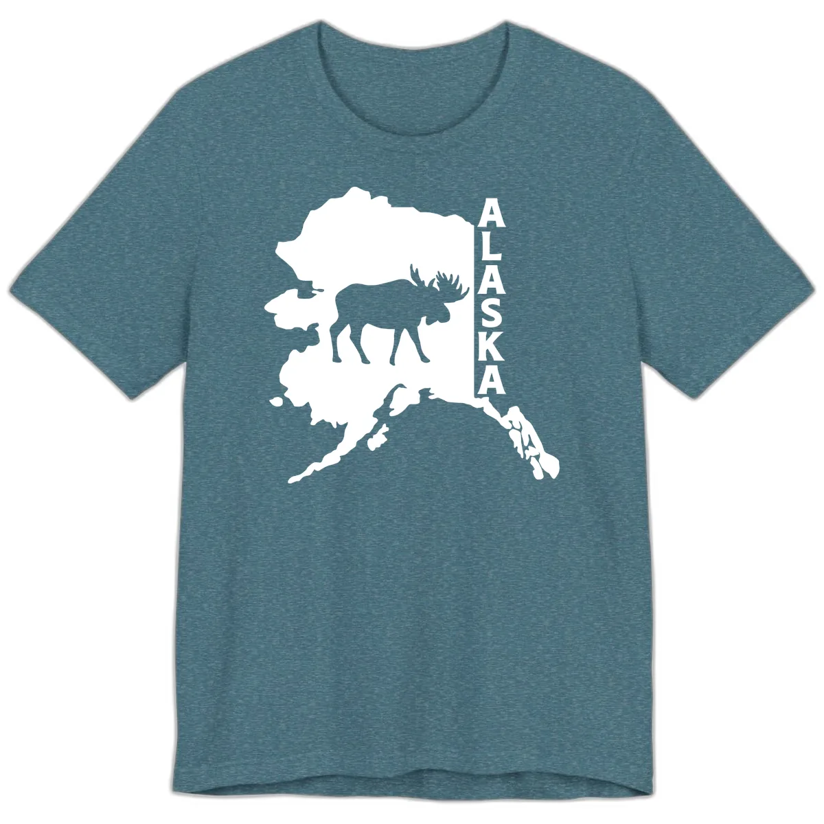 Bold Alaska State Silhouette With Moose Graphic Premium T-Shirt in Heather Deep Teal