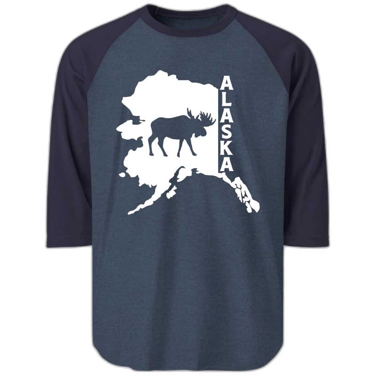 Bold Alaska State Silhouette With Moose Graphic Raglan 3/4 in Heather Denim Navy