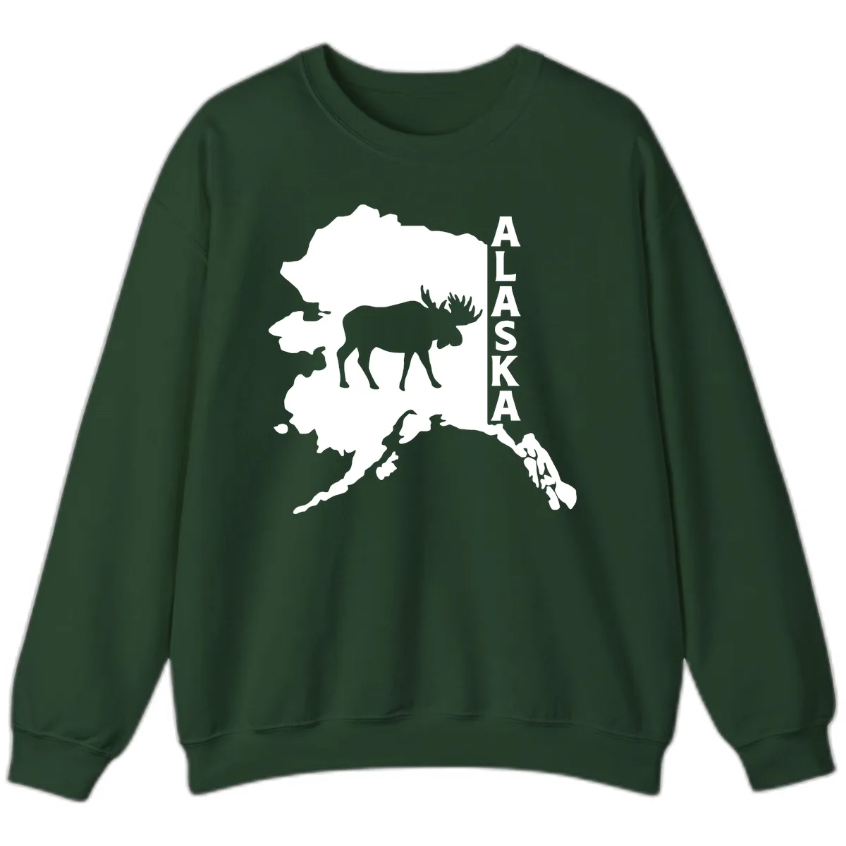 Bold Alaska State Silhouette With Moose Graphic Sweatshirt in Forest Green