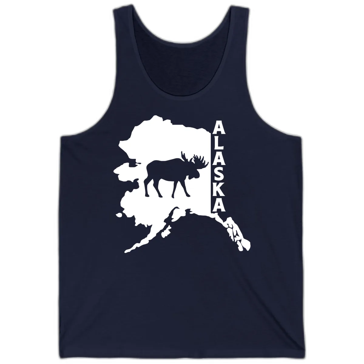 Bold Alaska State Silhouette With Moose Graphic Tank in Navy