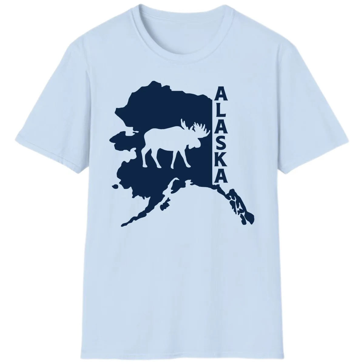 Bold Alaska State Silhouette With Moose Graphic T-Shirt in Light Blue