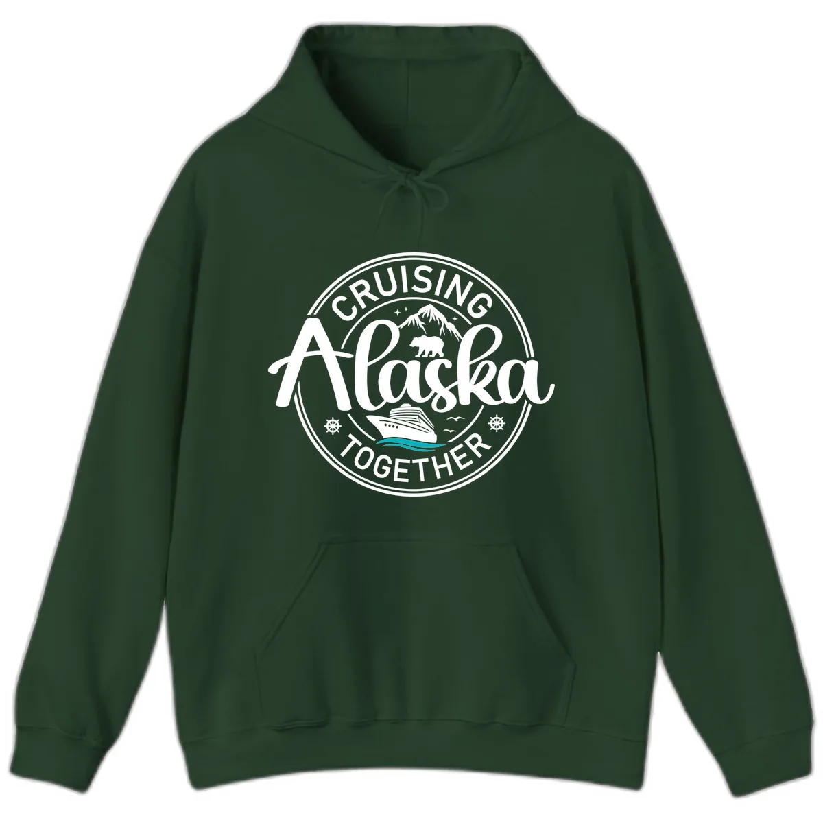 Cruisin' Alaska Together Scenic Badge Hoodie in Forest Green
