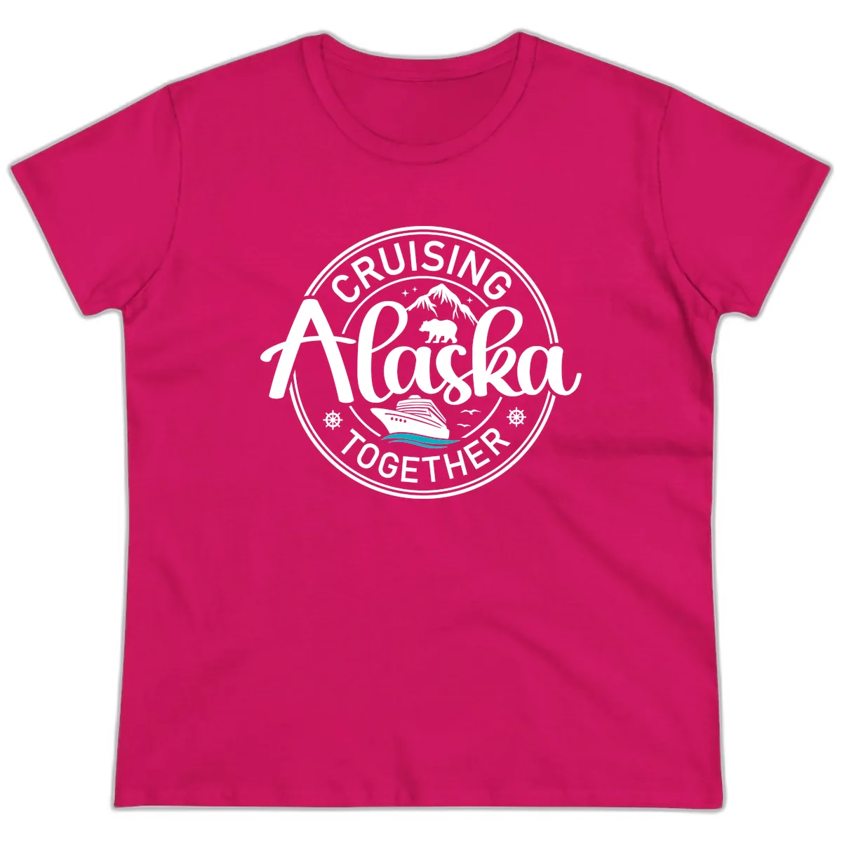 Cruisin' Alaska Together Scenic Badge Ladies Tee in Heliconia
