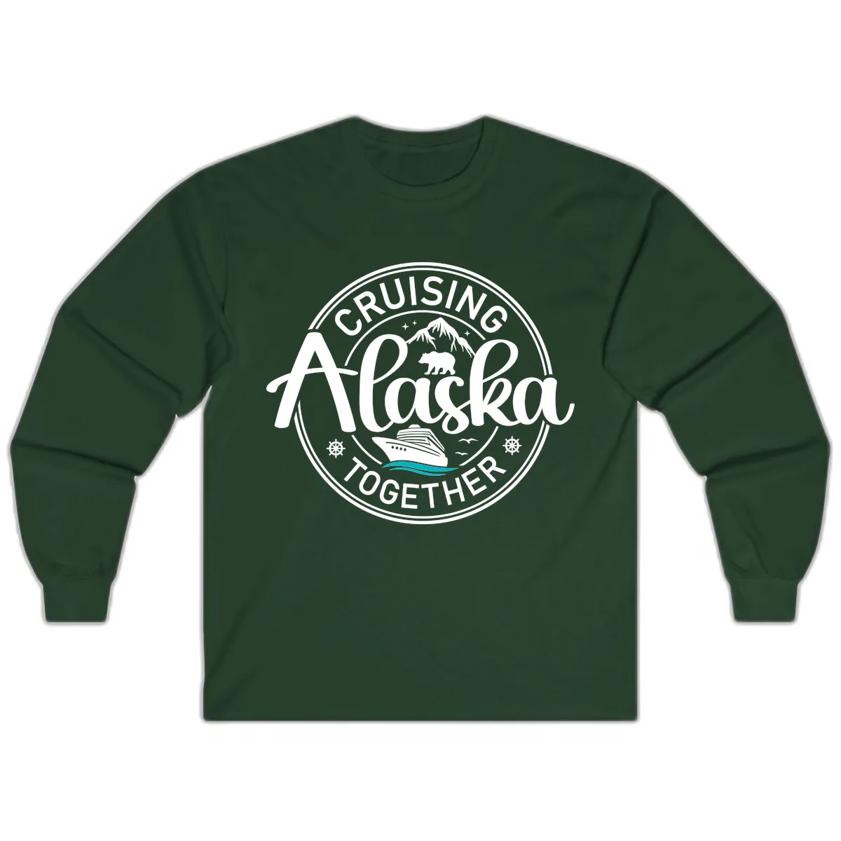 Cruisin' Alaska Together Scenic Badge Long Sleeve in Forest Green
