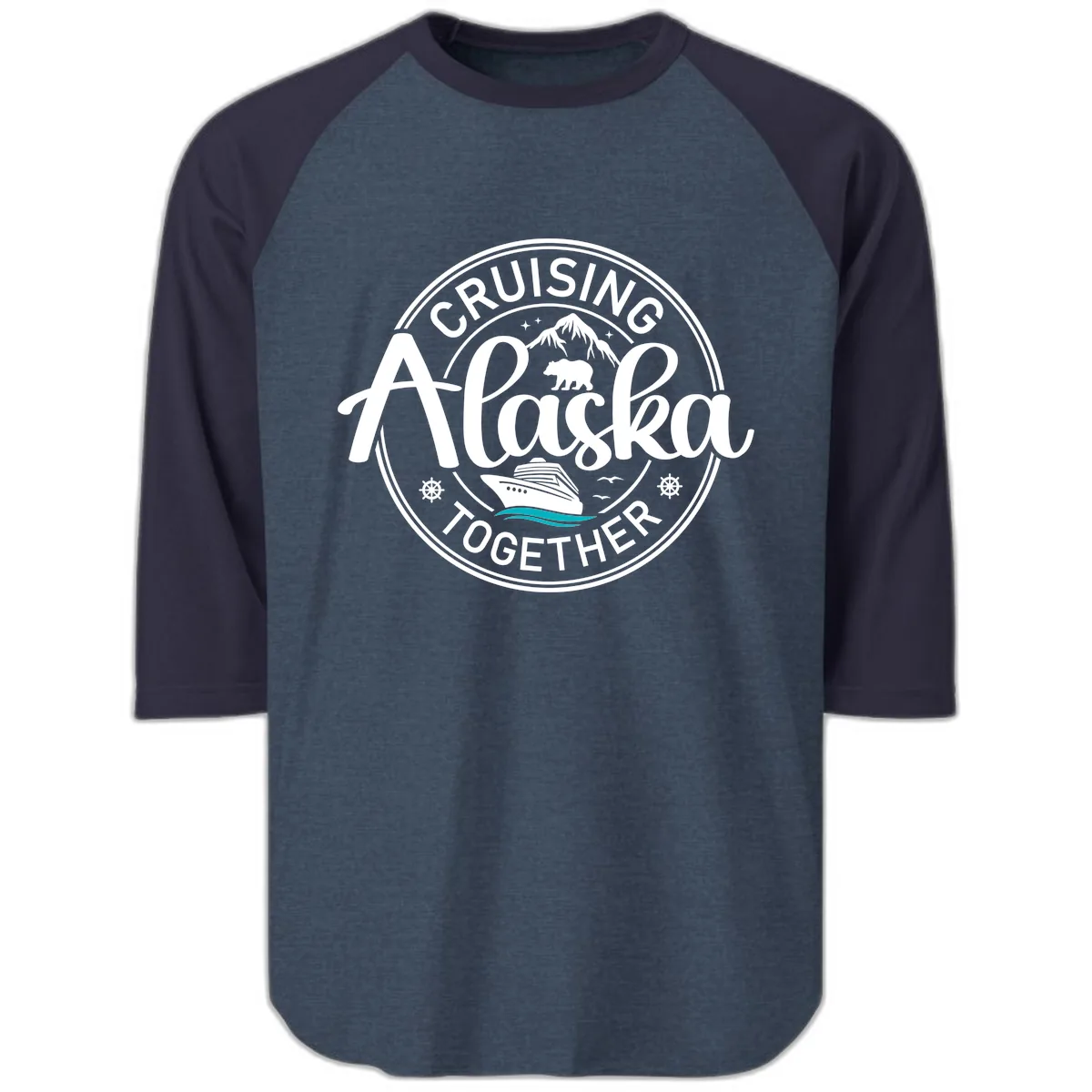 Cruisin' Alaska Together Scenic Badge Raglan 3/4 in Heather Denim Navy