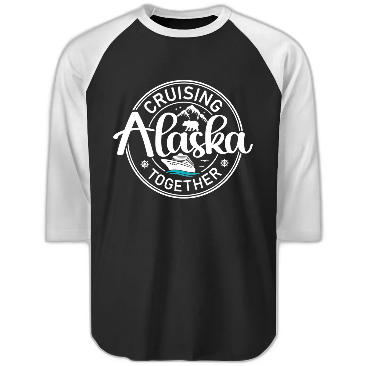 Cruisin' Alaska Together Scenic Badge Raglan 3/4 in Black White