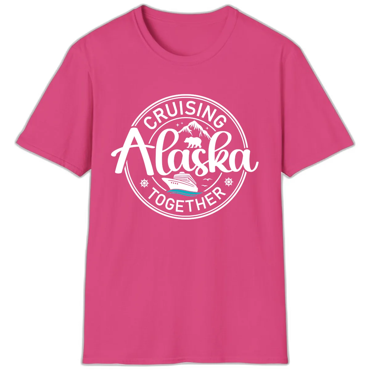 Cruisin' Alaska Together Scenic Badge T-Shirt in Heliconia