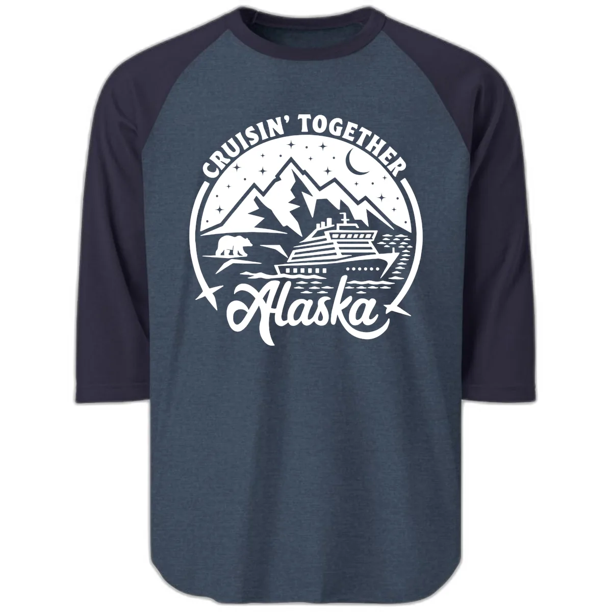 Cruisin' Together Alaska 2024 Bear Ship Raglan 3/4 in Heather Denim Navy