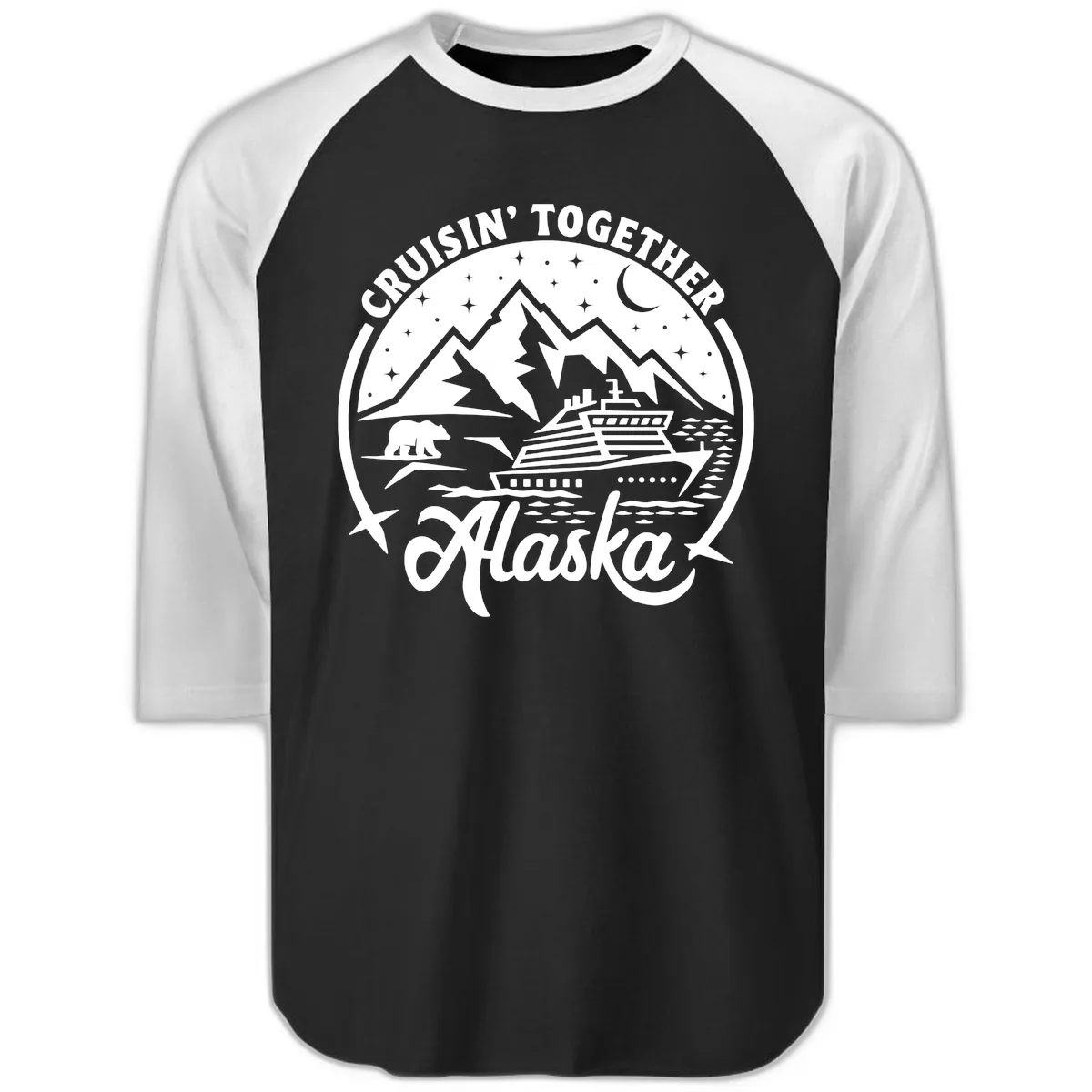Cruisin' Together Alaska 2024 Bear Ship Raglan 3/4 in Black White