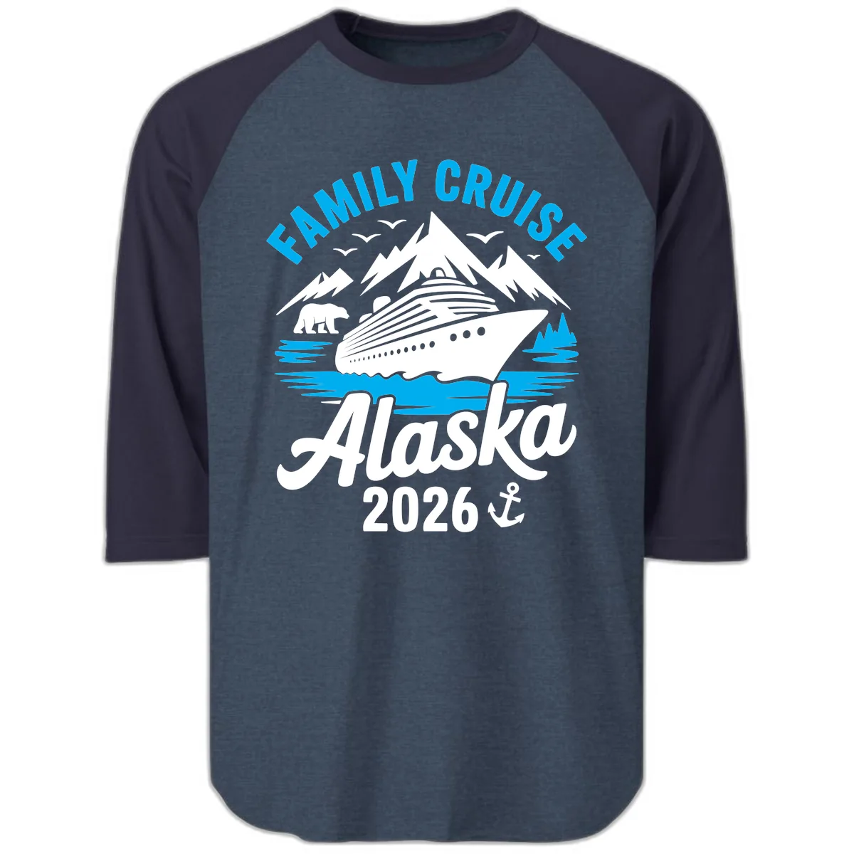 Family Cruise Alaska Mountain Scenic Raglan 3/4 in Heather Denim Navy