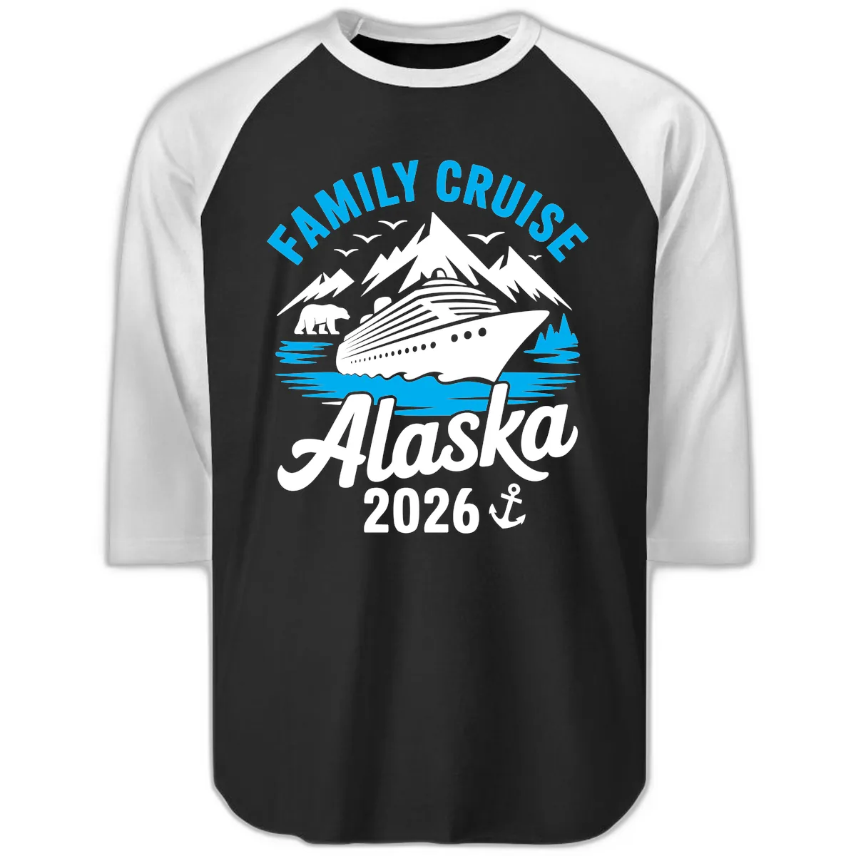 Family Cruise Alaska Mountain Scenic Raglan 3/4 in Black White