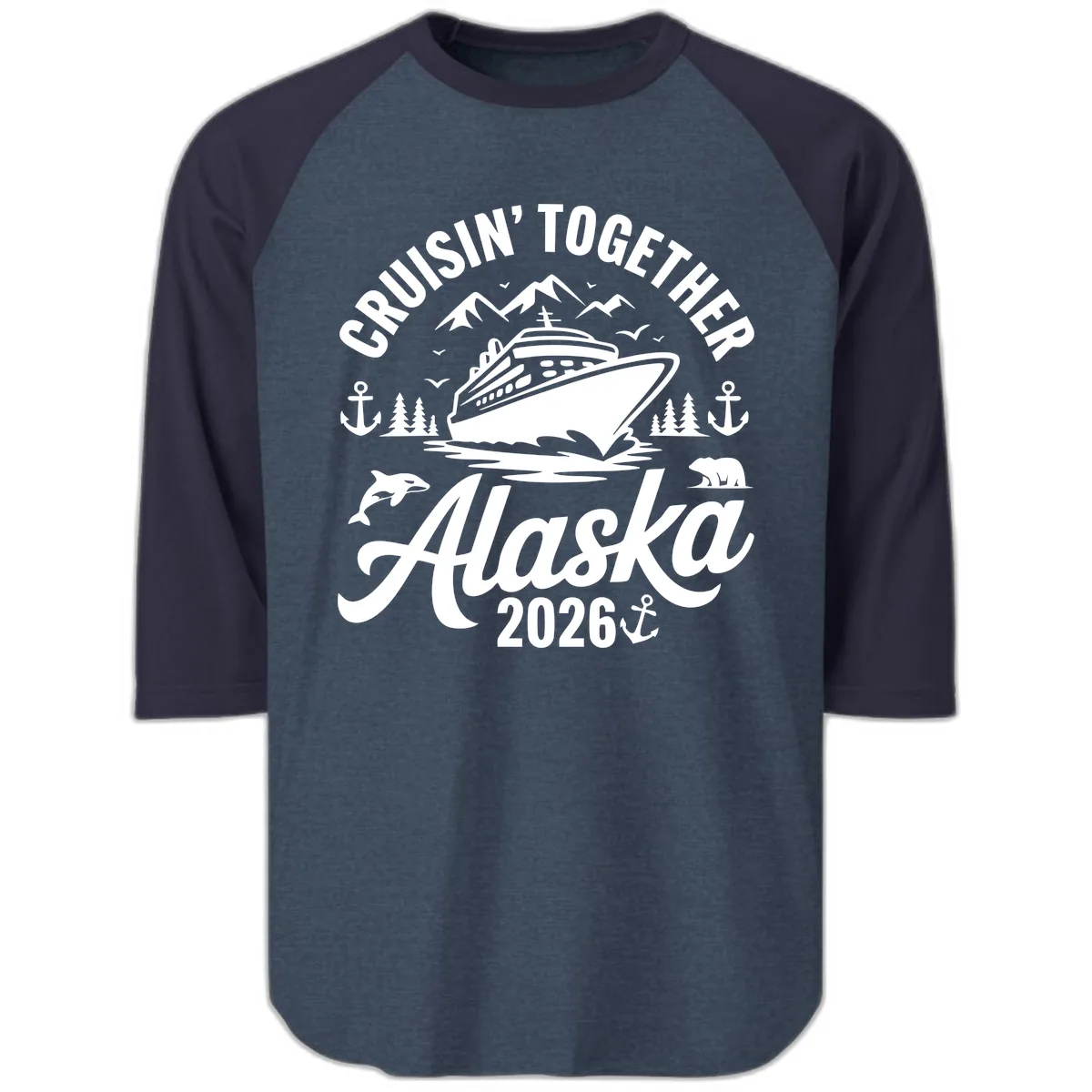 Cruisin' Together Alaska Adventure 2026 With Wildlife Raglan 3/4 in Heather Denim Navy