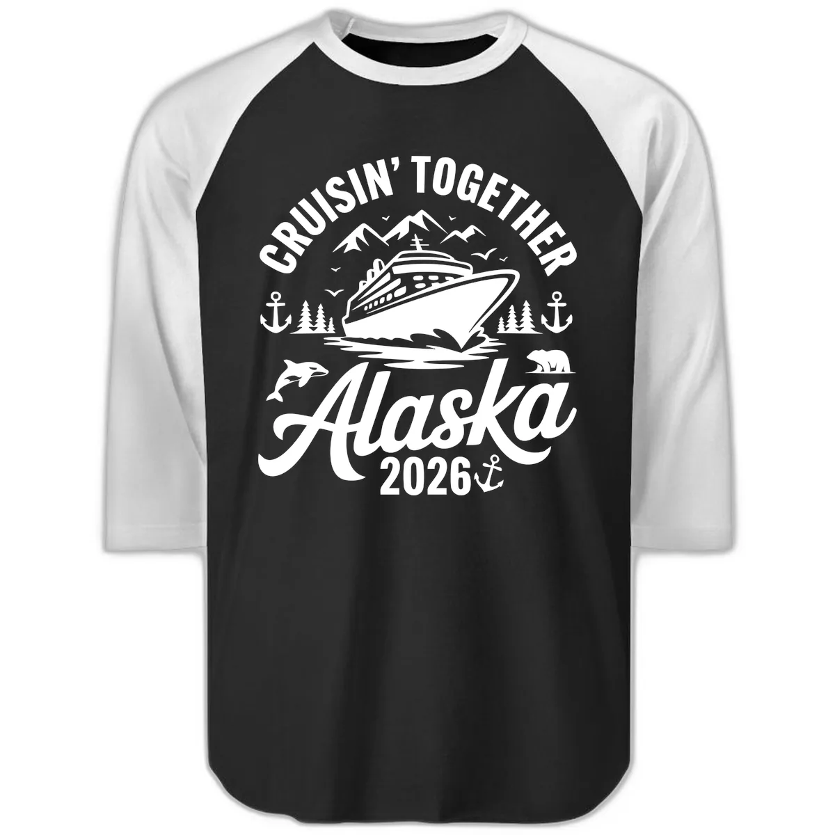 Cruisin' Together Alaska Adventure 2026 With Wildlife Raglan 3/4 in Black White