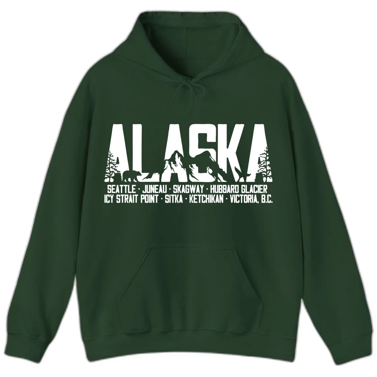 Scenic Alaska Cruise Ports and Itinerary Hoodie in Forest Green