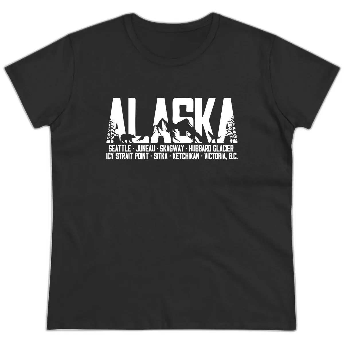 Scenic Alaska Cruise Ports and Itinerary Ladies Tee in Black
