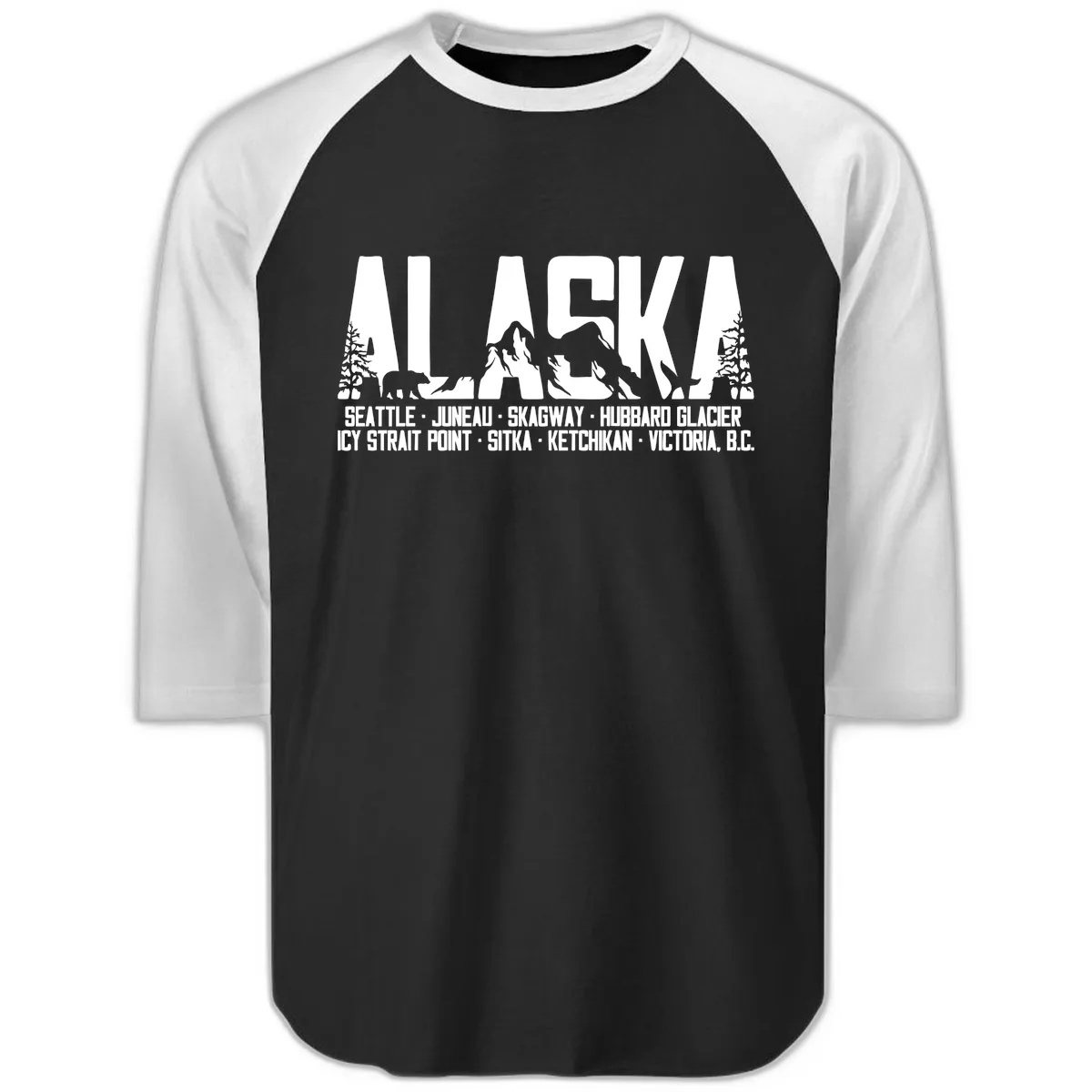 Scenic Alaska Cruise Ports and Itinerary Raglan 3/4 in Black White
