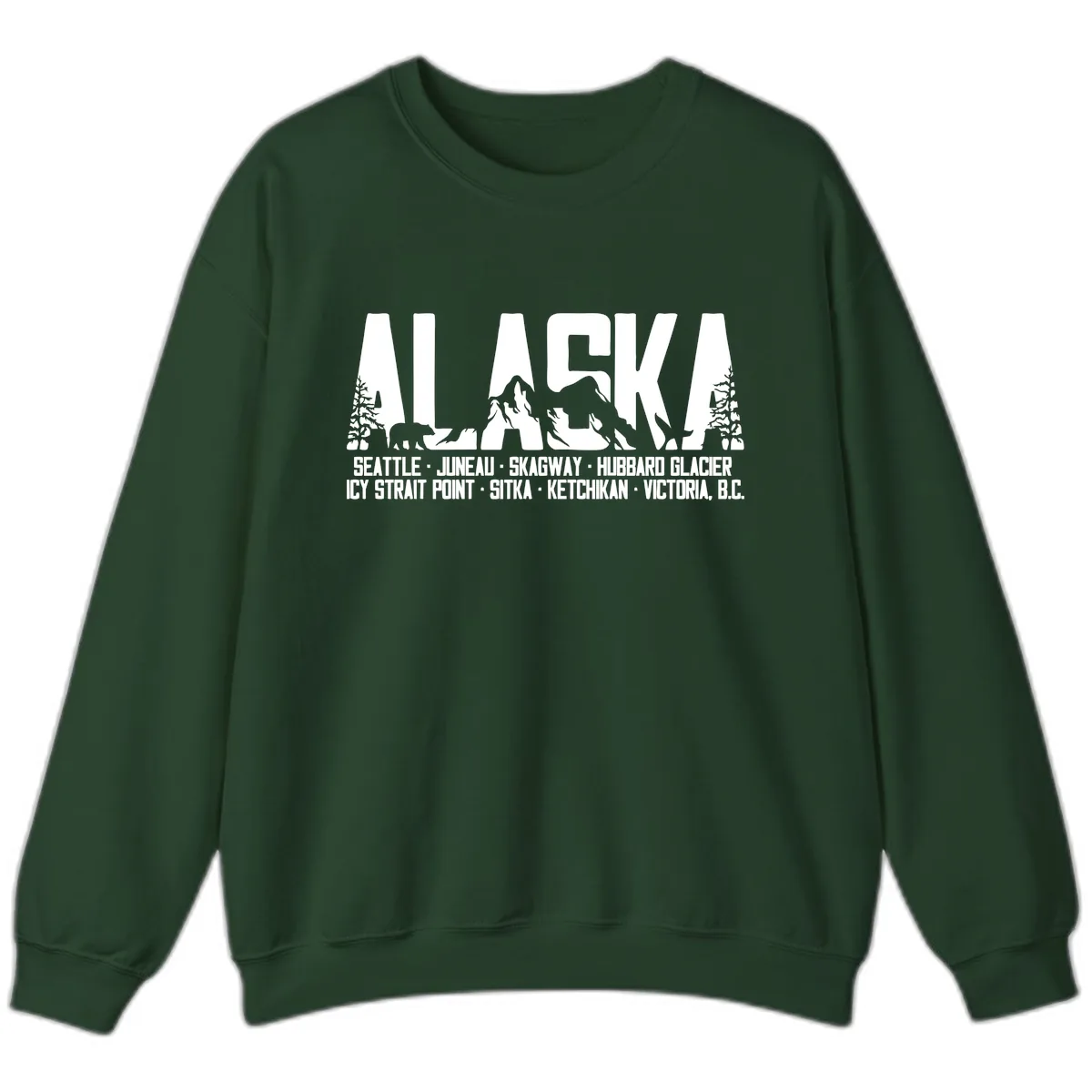 Scenic Alaska Cruise Ports and Itinerary Sweatshirt in Forest Green