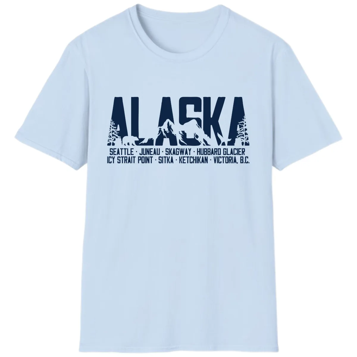 Scenic Alaska Cruise Ports and Itinerary T-Shirt in Light Blue