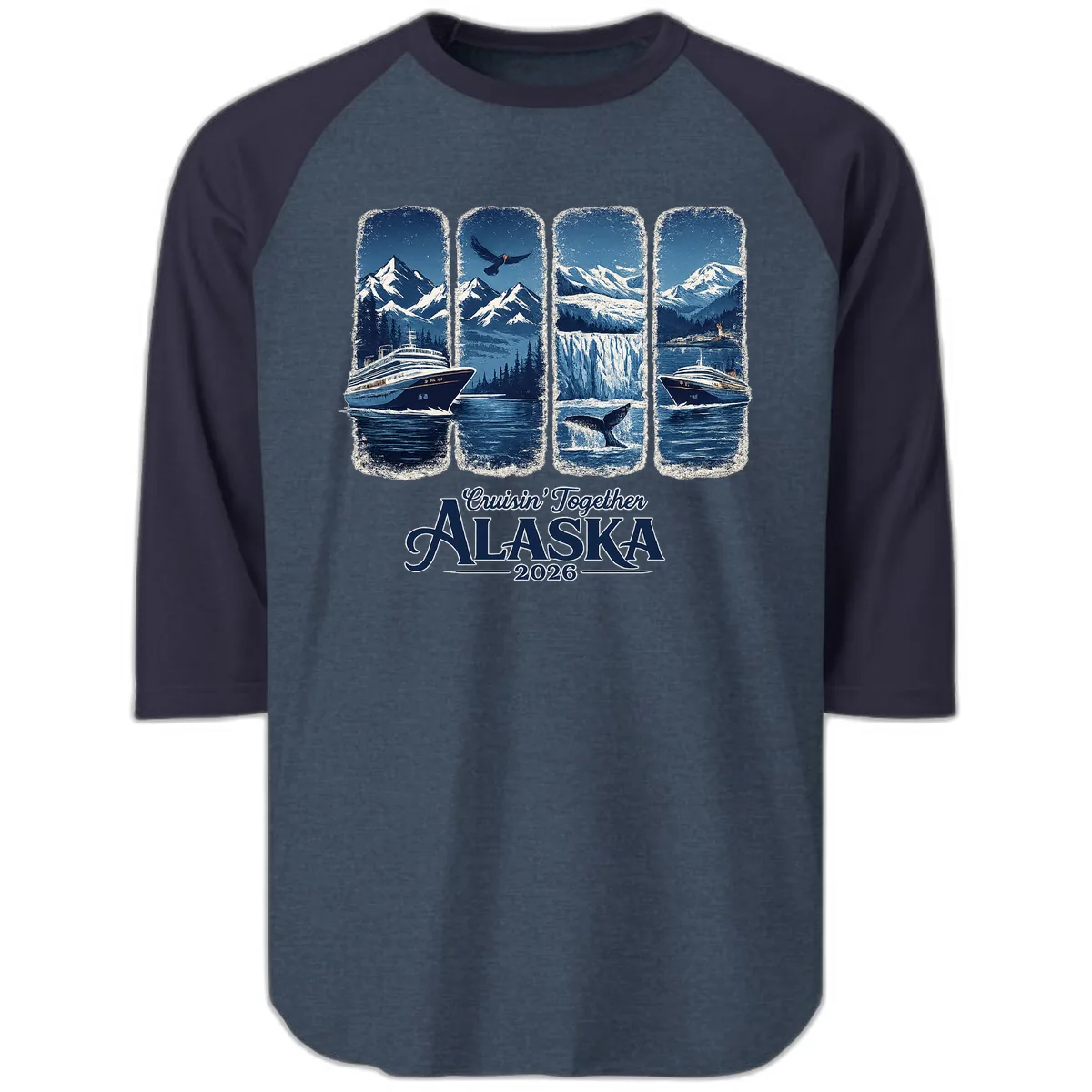 Alaskan Cruise Together Scenic Views 2026 Raglan 3/4 in Heather Denim Navy