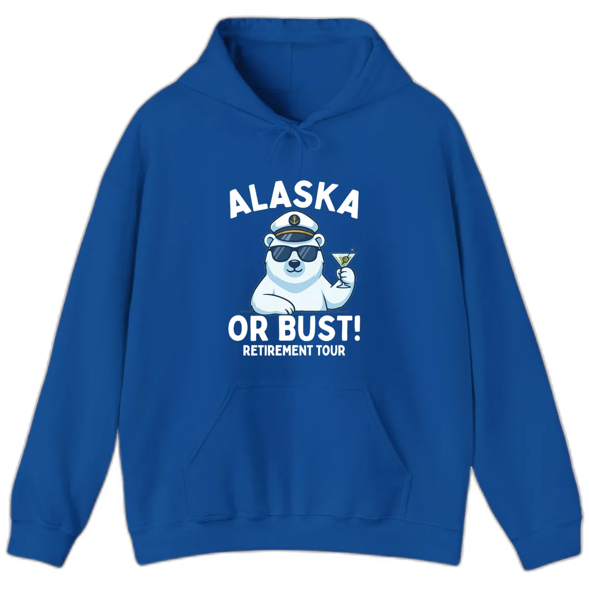 Alaska Or Bust Retirement Tour Polar Bear Hoodie in Royal