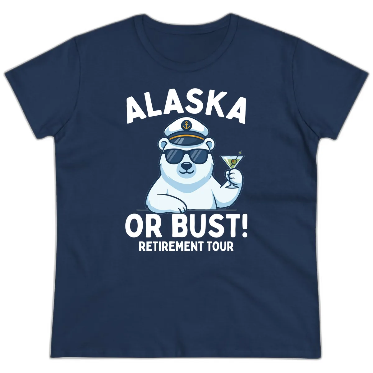 Alaska Or Bust Retirement Tour Polar Bear Ladies Tee in Navy