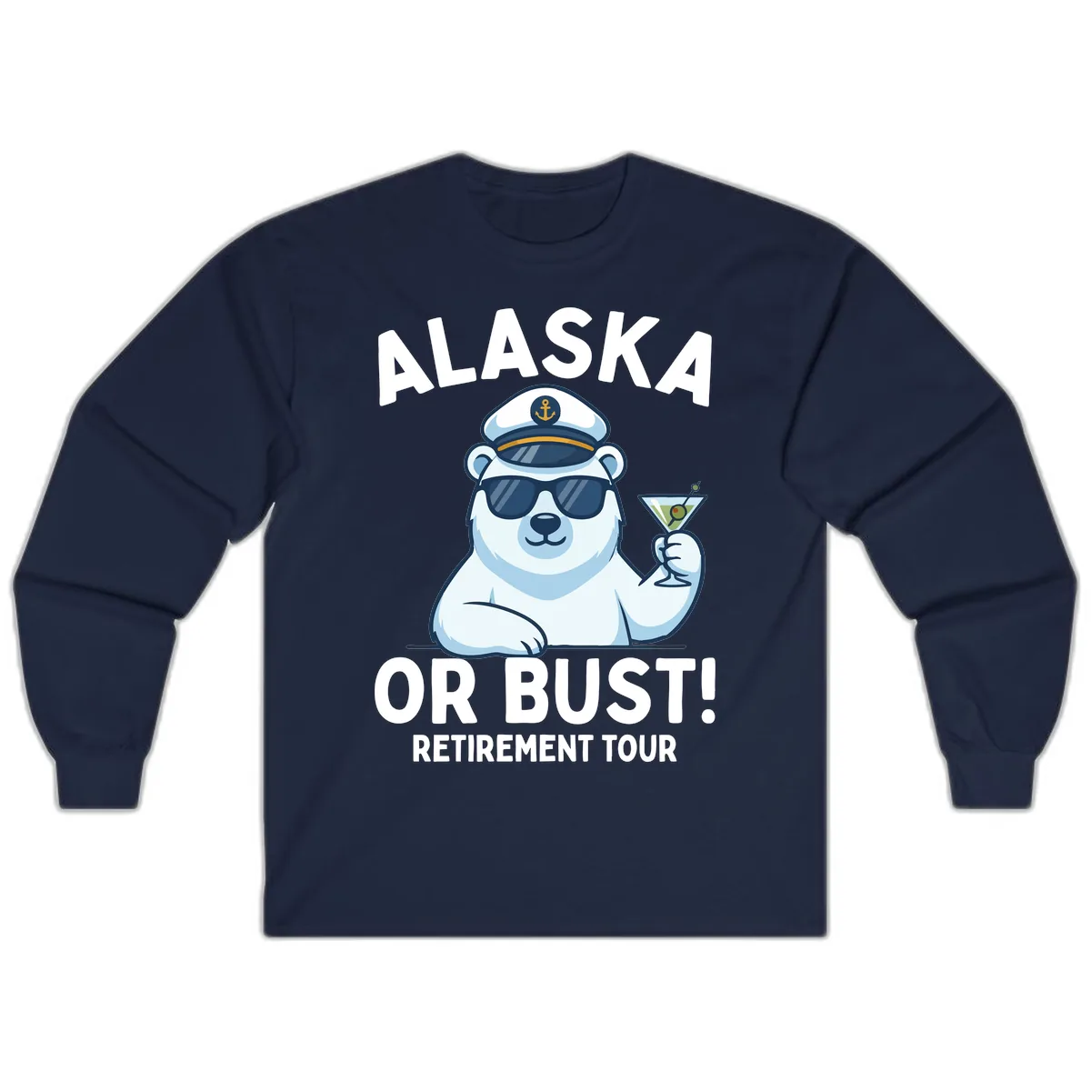 Alaska Or Bust Retirement Tour Polar Bear Long Sleeve in Navy