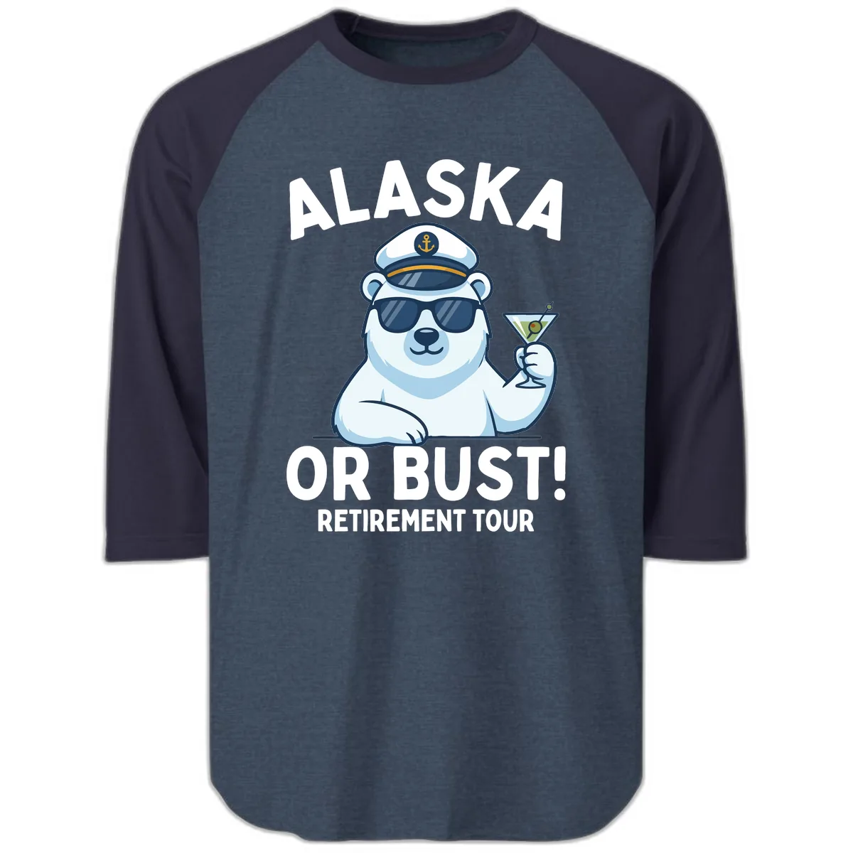 Alaska Or Bust Retirement Tour Polar Bear Raglan 3/4 in Heather Denim Navy