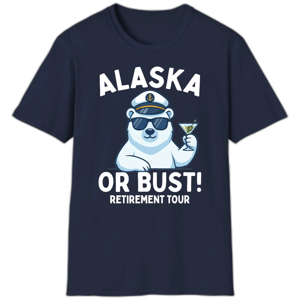 Alaska Or Bust Retirement Tour Polar Bear T-Shirt in Navy