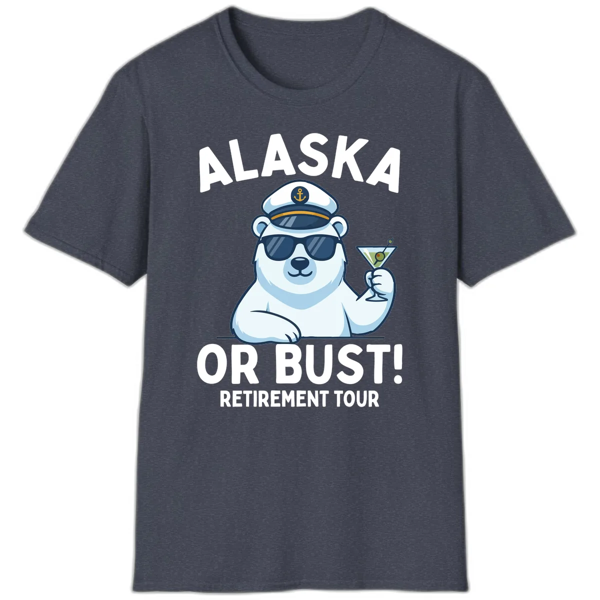 Alaska Or Bust Retirement Tour Polar Bear T-Shirt in Heather Navy