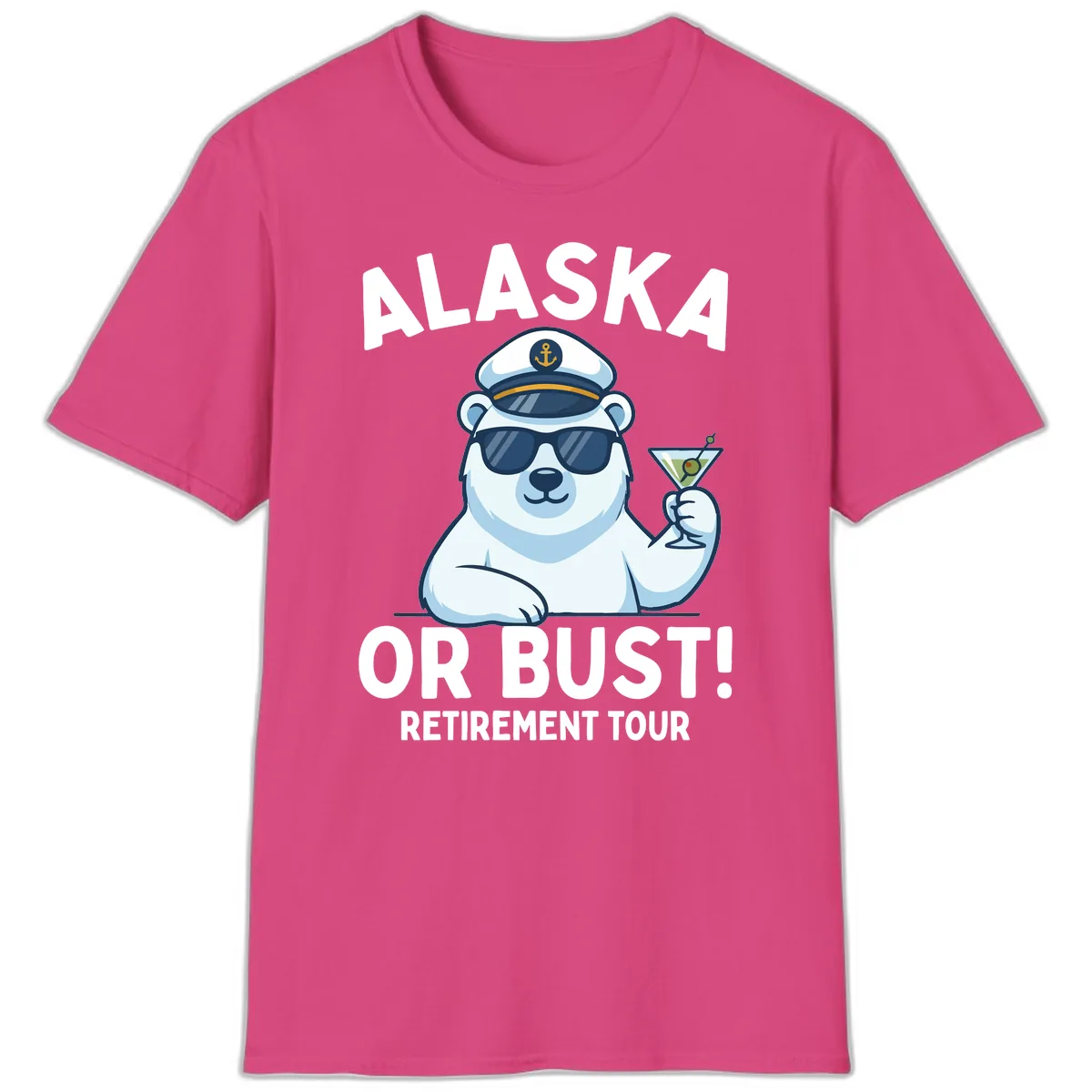 Alaska Or Bust Retirement Tour Polar Bear T-Shirt in Heliconia