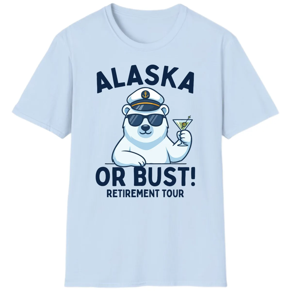 Alaska Or Bust Retirement Tour Polar Bear T-Shirt in Light Blue