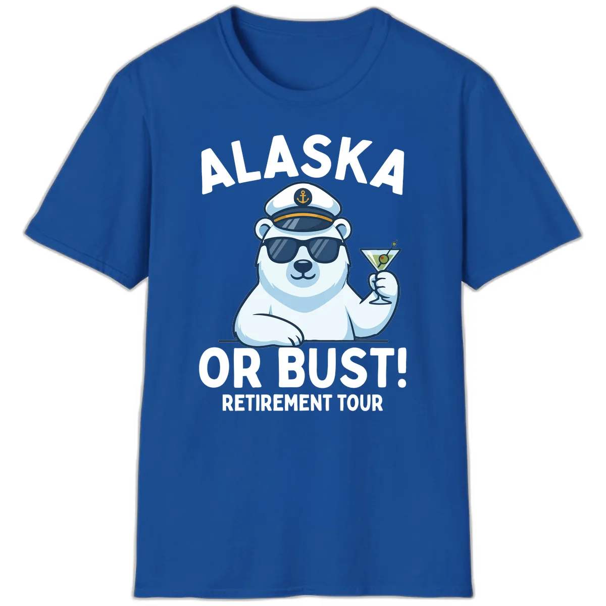 Alaska Or Bust Retirement Tour Polar Bear T-Shirt in Royal