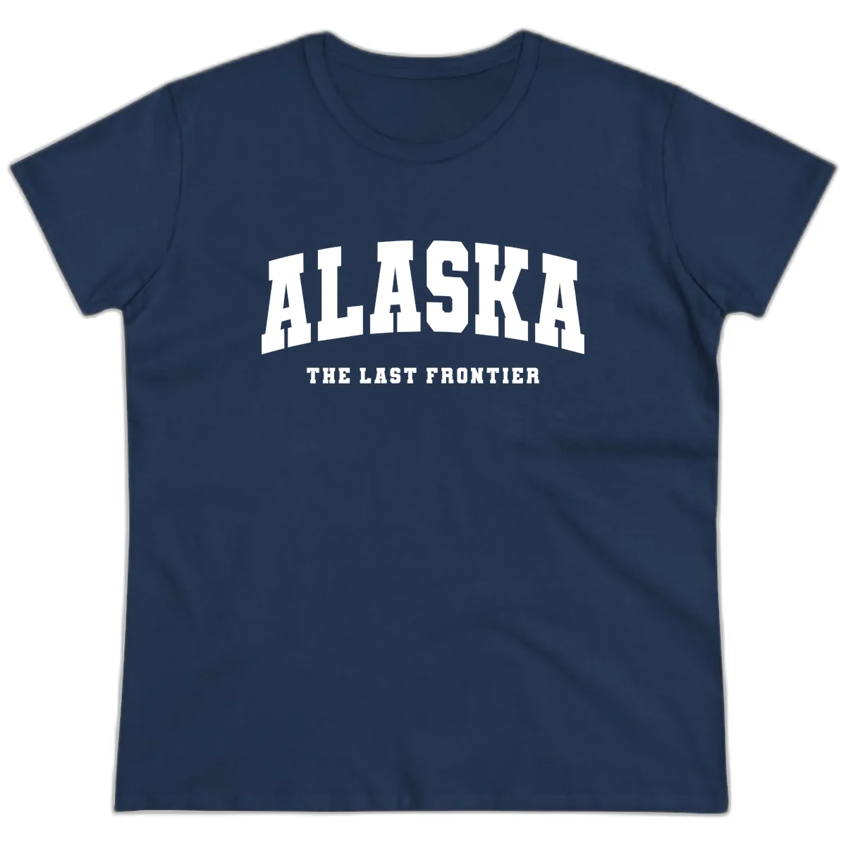 Alaska The Last Frontier Bold Text Ladies Tee in Navy