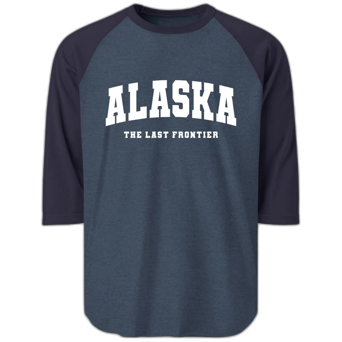 Alaska The Last Frontier Bold Text Raglan 3/4 in Heather Denim Navy