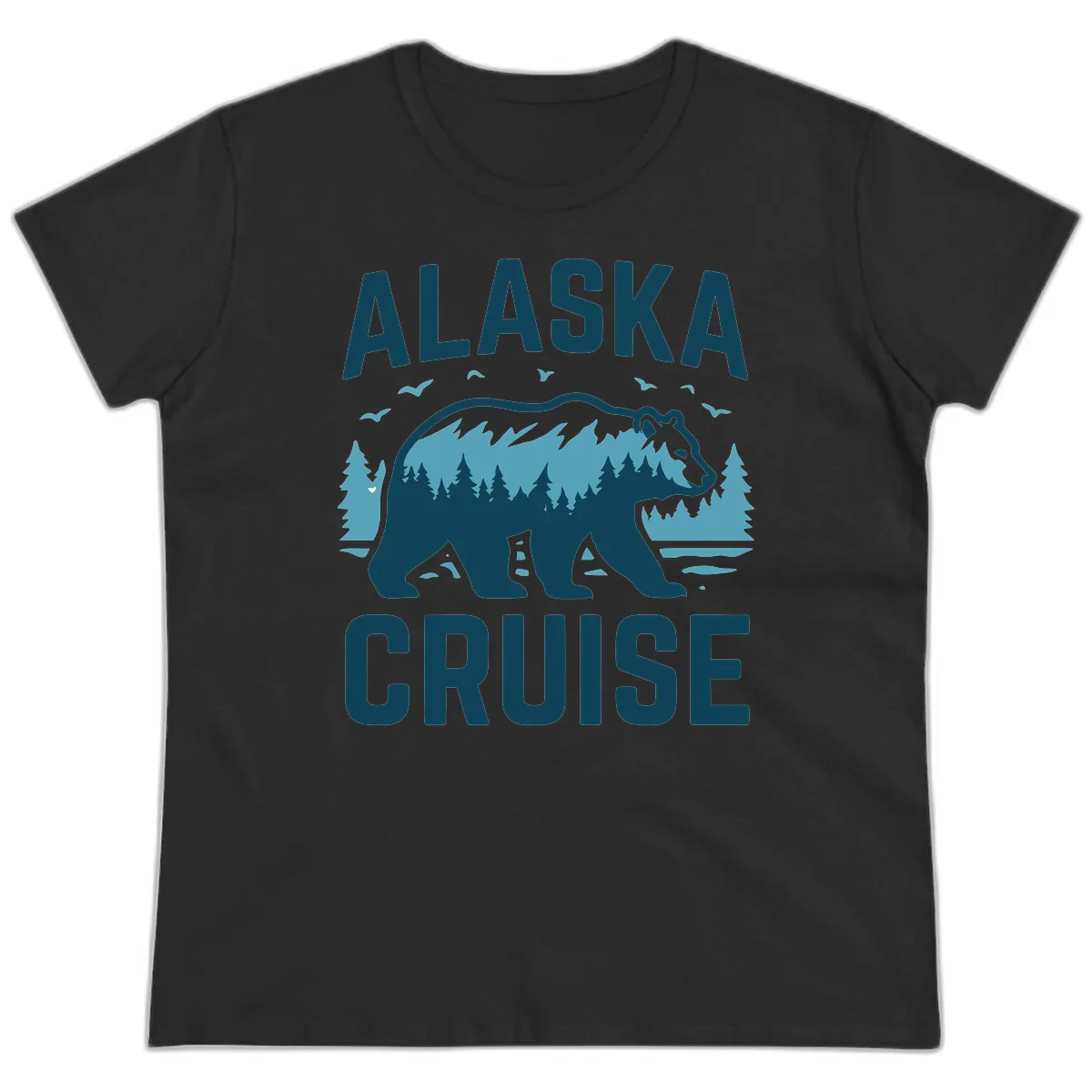 Alaska Cruise Bear Mountain Forest Design Ladies Tee in Black