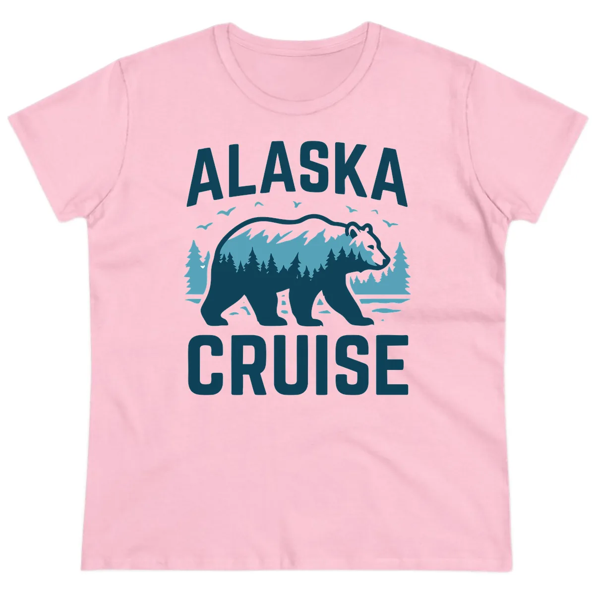 Alaska Cruise Bear Mountain Forest Design Ladies Tee in Light Pink
