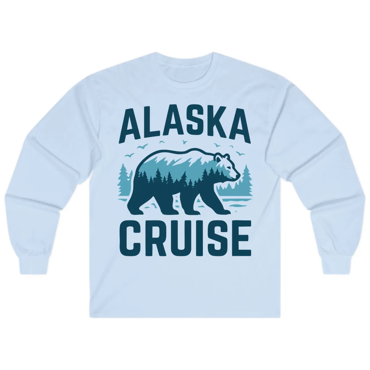 Alaska Cruise Bear Mountain Forest Design Long Sleeve in Light Blue
