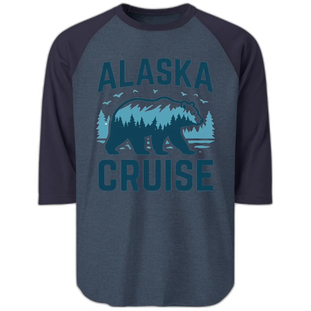 Alaska Cruise Bear Mountain Forest Design Raglan 3/4 in Heather Denim Navy