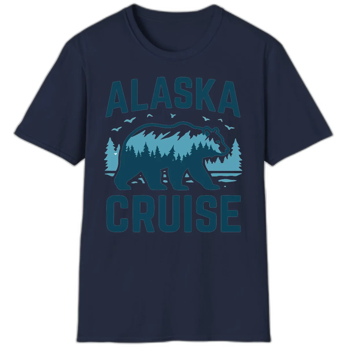 Alaska Cruise Bear Mountain Forest Design T-Shirt in Navy