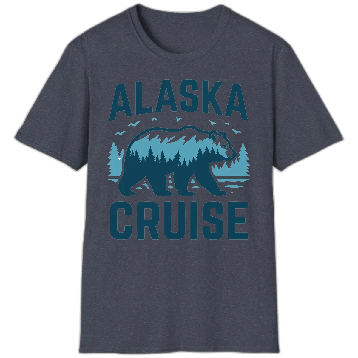 Alaska Cruise Bear Mountain Forest Design T-Shirt in Heather Navy
