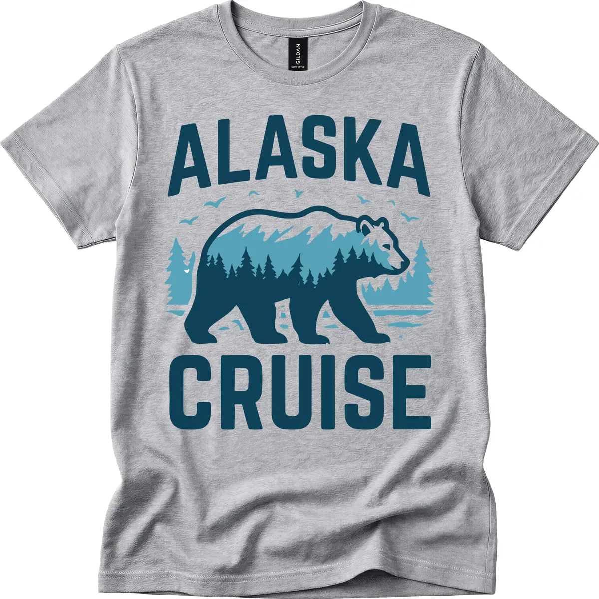 Alaska Cruise Bear Mountain Forest Design T-Shirt in Sport Grey