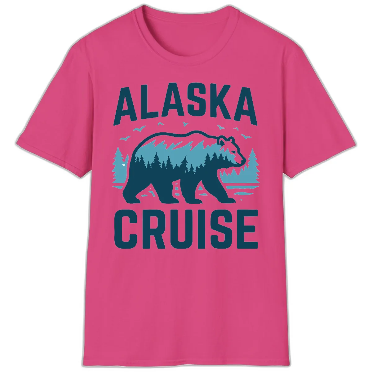 Alaska Cruise Bear Mountain Forest Design T-Shirt in Heliconia