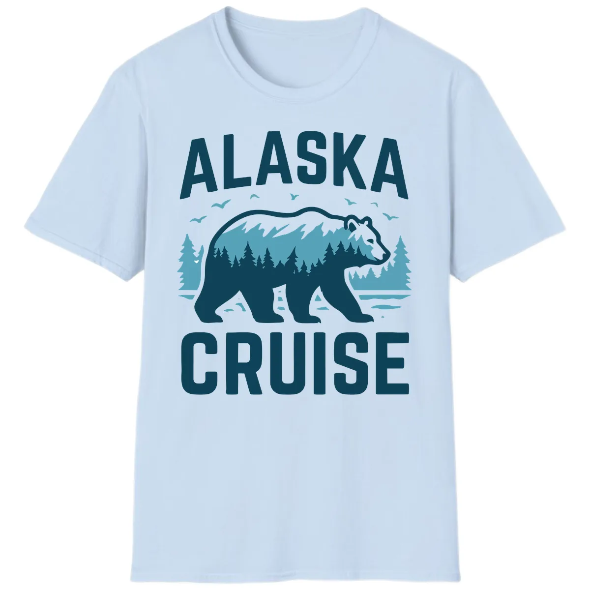 Alaska Cruise Bear Mountain Forest Design T-Shirt in Light Blue