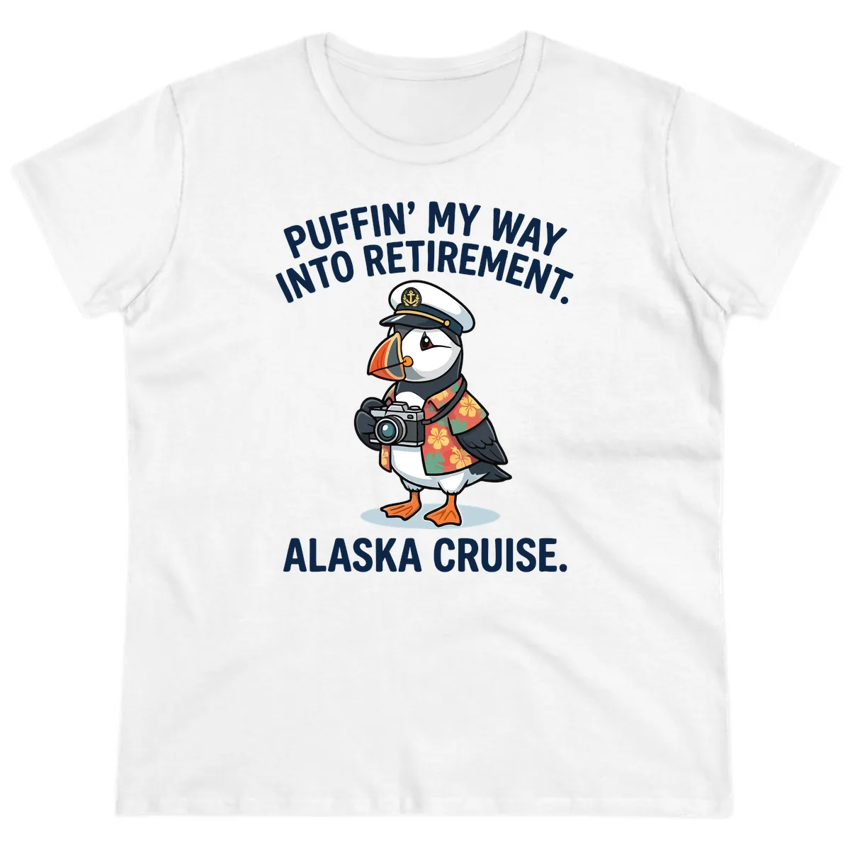 Puffin' Into My Retirement Alaska Cruise Ladies Tee in White